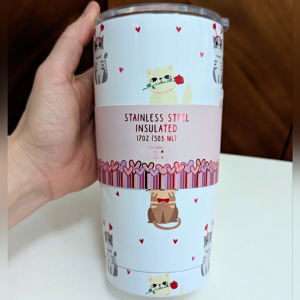 New Silly Cross-Eyed Kitty Cat Hearts Roses Valentine's Day Tumbler Travel Mug